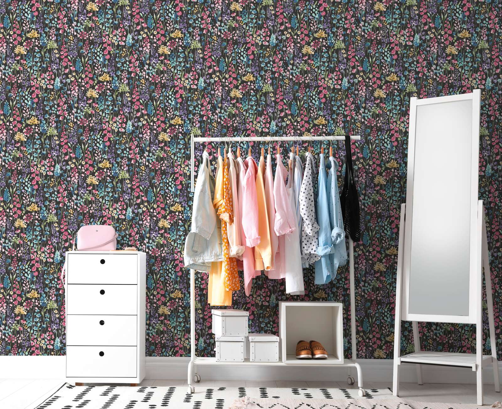             Non-woven wallpaper colourful flower meadow in watercolour look - colourful, black, pink
        