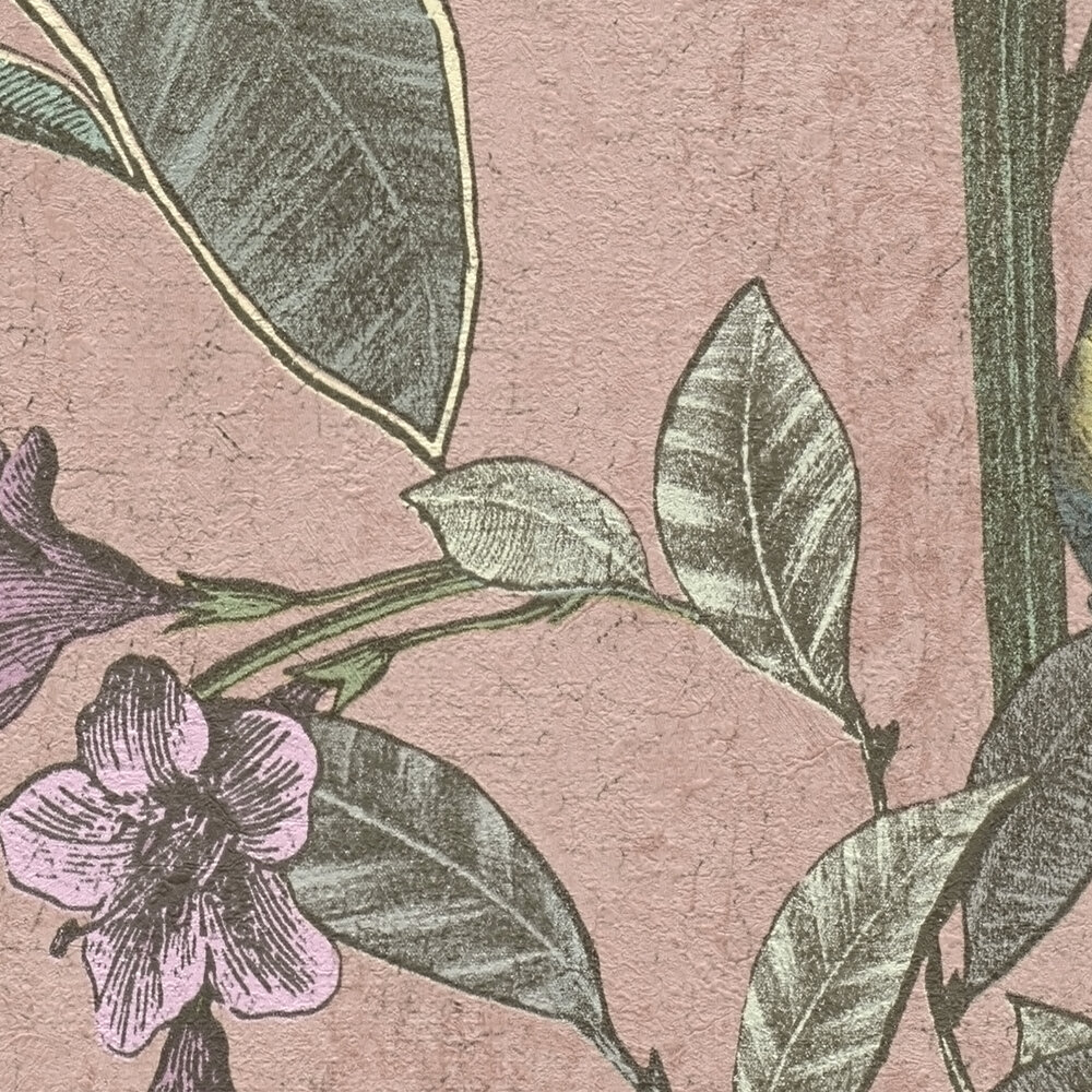             Non-woven wallpaper jungle with cockatoo in vintage look - pink, green, purple
        