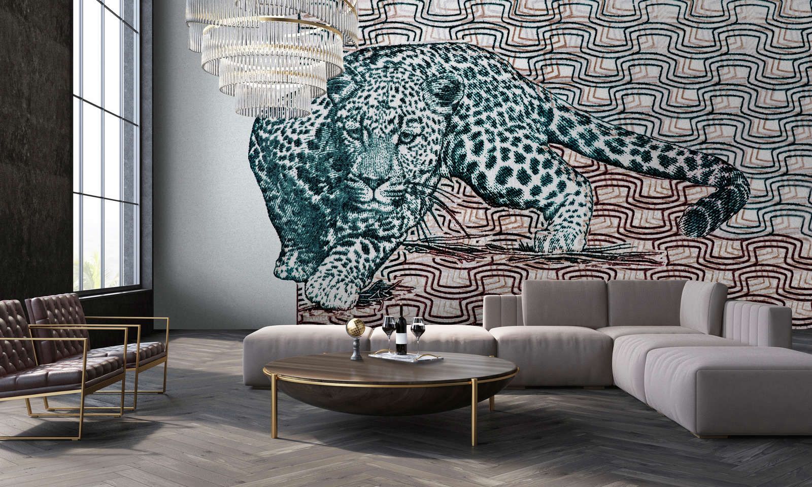             papier peint en papier panoramique »yugana« - léopard devant un motif abstrait - structure en papier kraft | Intissé lisse, légèrement nacré
        