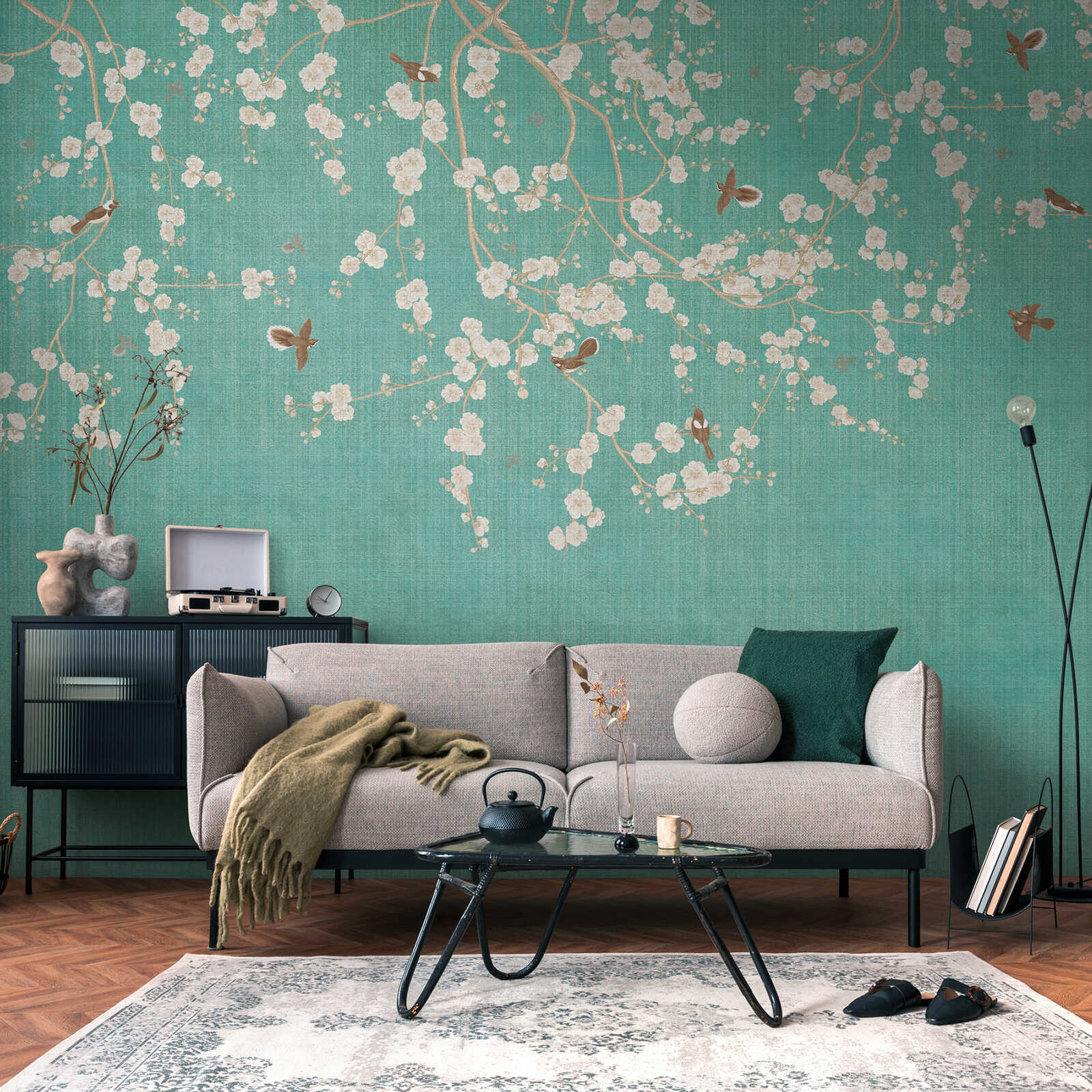 Elegant non-woven wallpaper with blossoming cherry branches - blue, cream, beige
