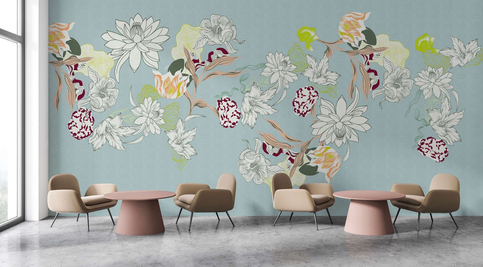             Fotomural »botany 2« - Motivos florales abstractos con toques verdes sobre una sutil textura de lino - Material sin tejer suave y ligeramente nacarado
        