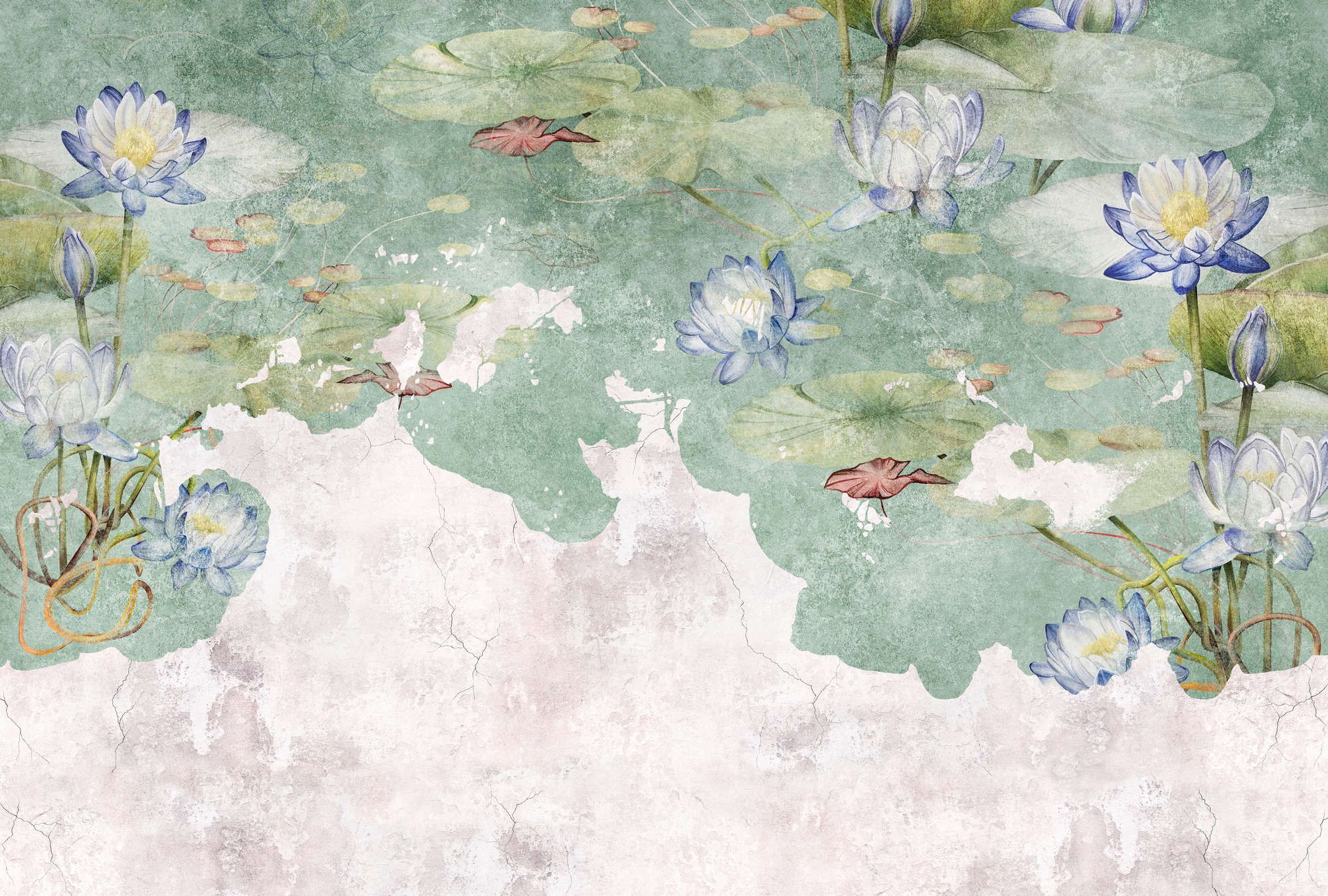             papier peint en papier panoramique »lily« - nénuphars sur fond d'enduit vintage - intissé légèrement structuré
        
