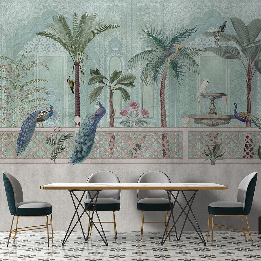 Digital behang »pavo« - Vogels, palmbomen & fonteinen - Groen, blauw met tapijtstructuur | Licht structuurvlies
