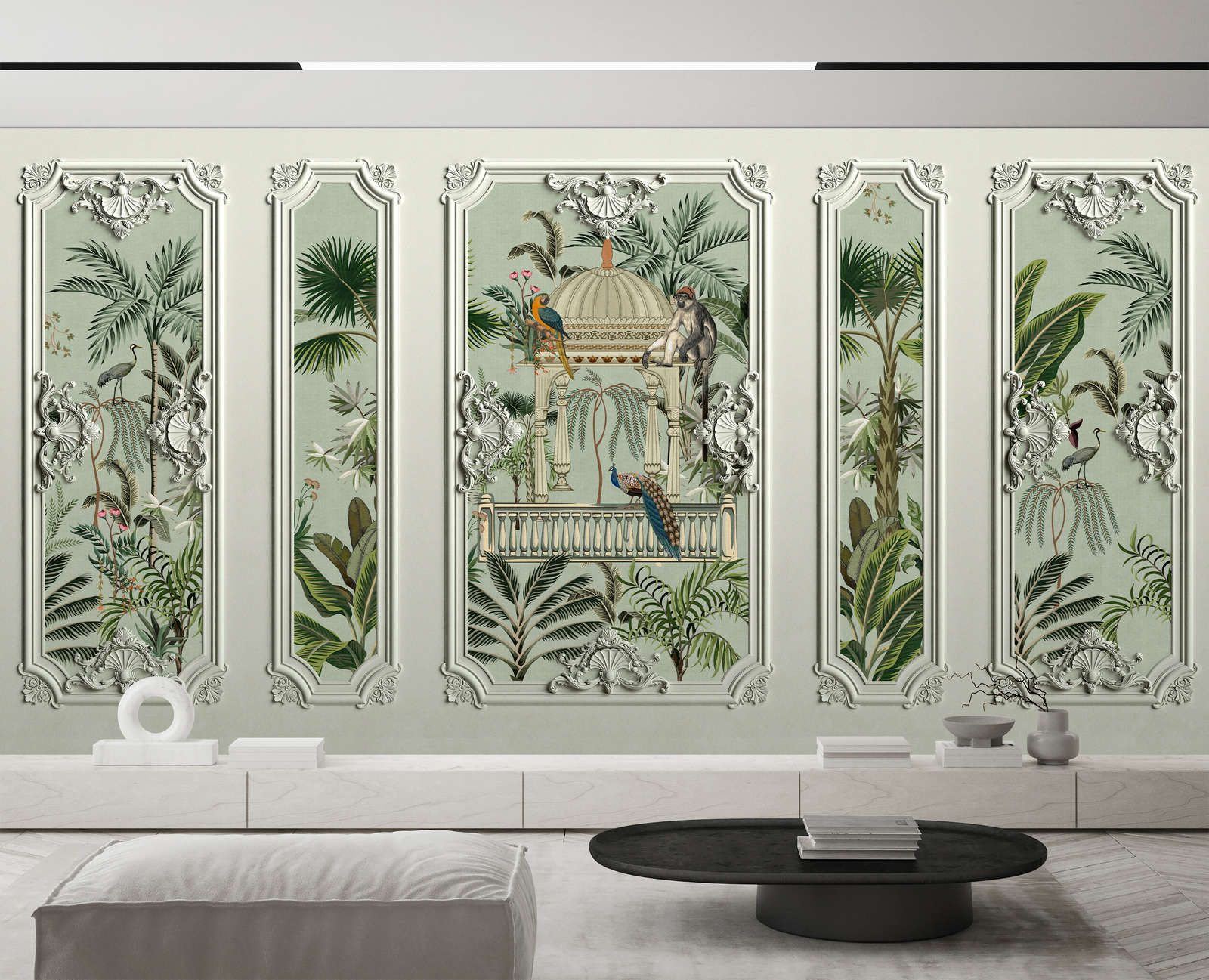             papier peint en papier panoramique »darjeeling« - optique cadre stucco avec oiseaux & palmiers avec structure en lin en arrière-plan - intissé légèrement structuré
        