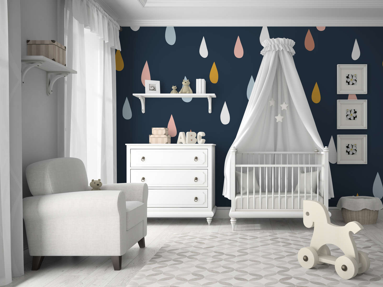             Papel pintado para habitación infantil con gotas de colores - Material sin tejer liso y mate
        