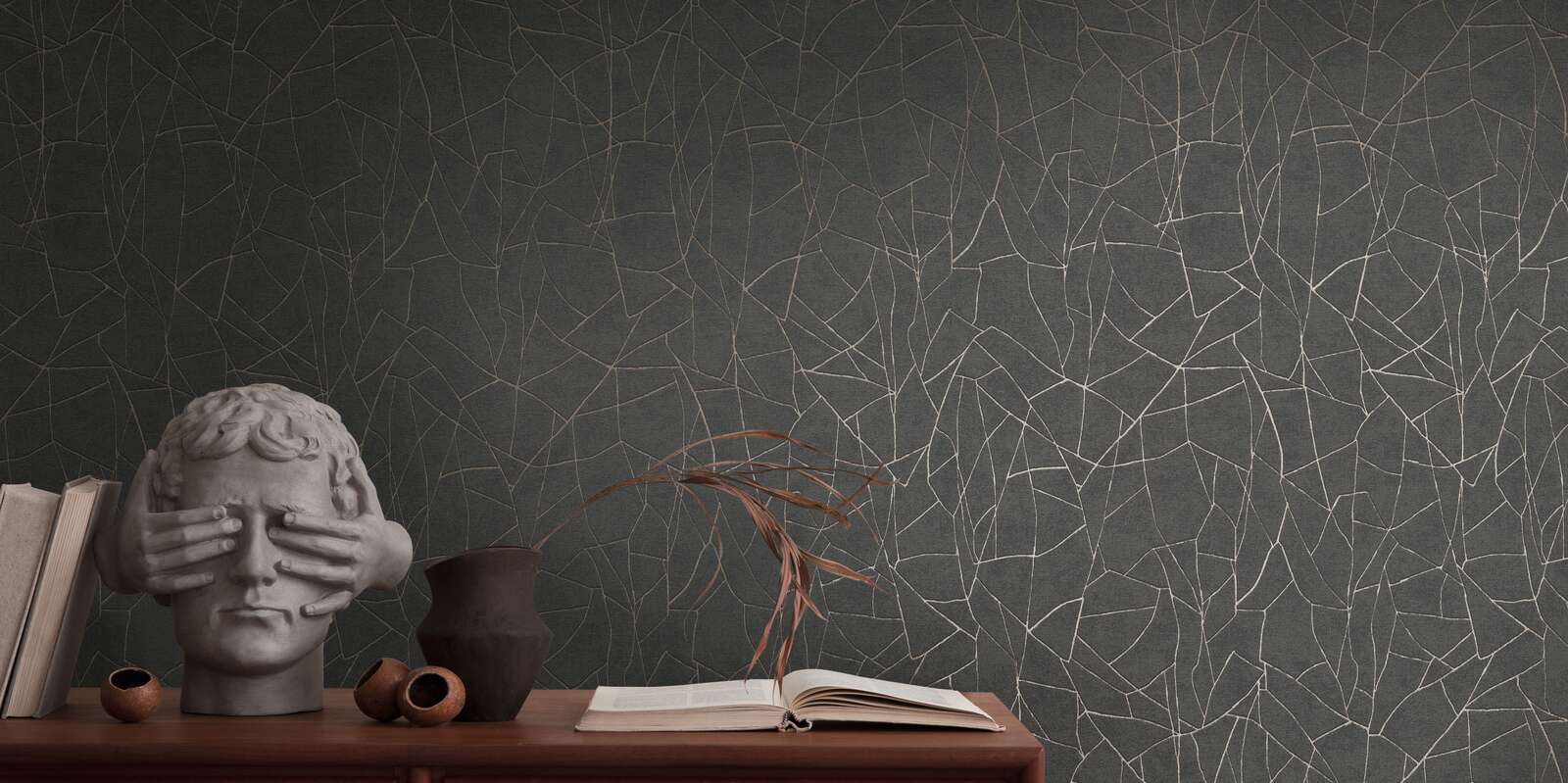             Papel pintado tejido-no tejido 3D con motivos gráficos de la naturaleza y detalles dorados - negro, metalizado
        