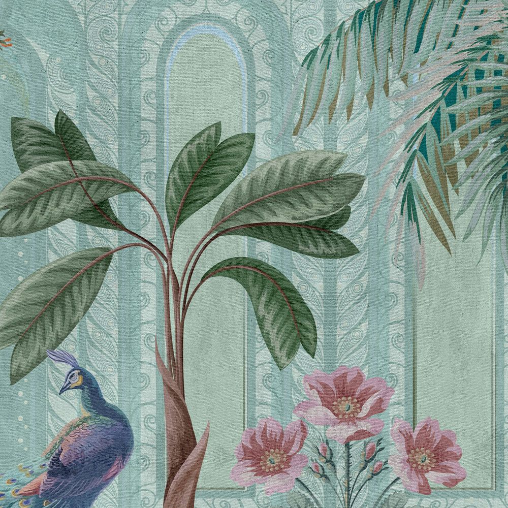             papier peint en papier panoramique »pavo« - oiseaux, palmiers & fontaines - vert, bleu avec structure gobelin | Intissé mat, lisse
        