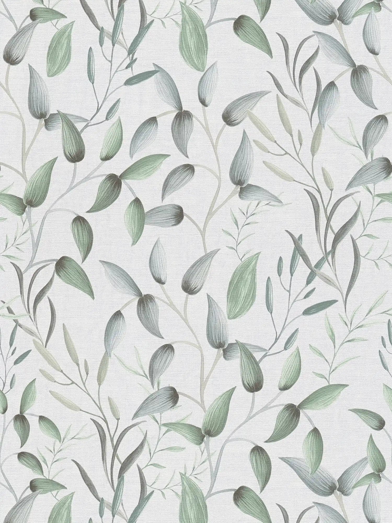 Papel pintado no tejido con suaves zarcillos primaverales - verde, blanco, gris
