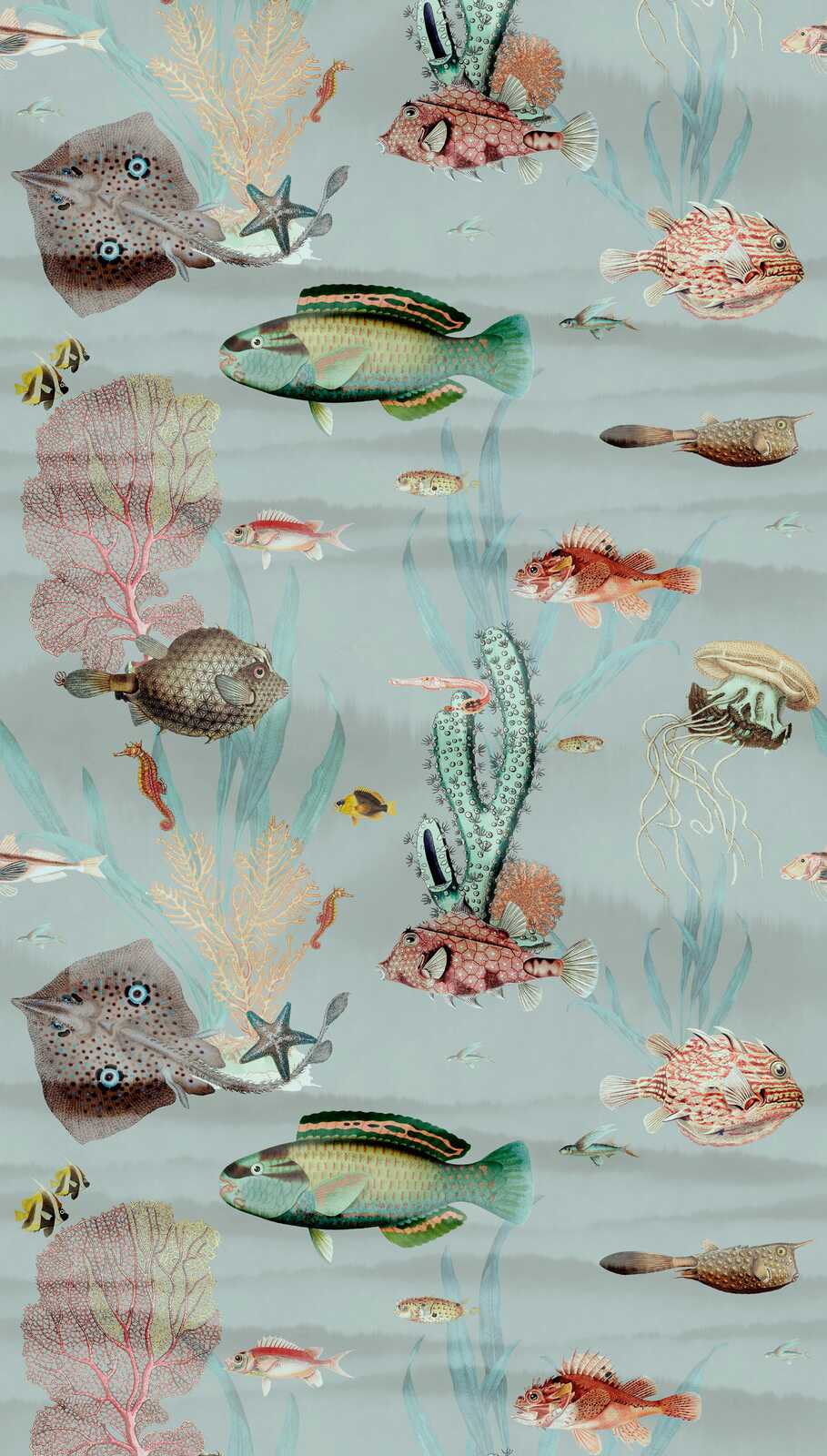             Non-woven wallpaper underwater world with fish and plants and a large-scale pattern repetition - blue, colourful, pink
        