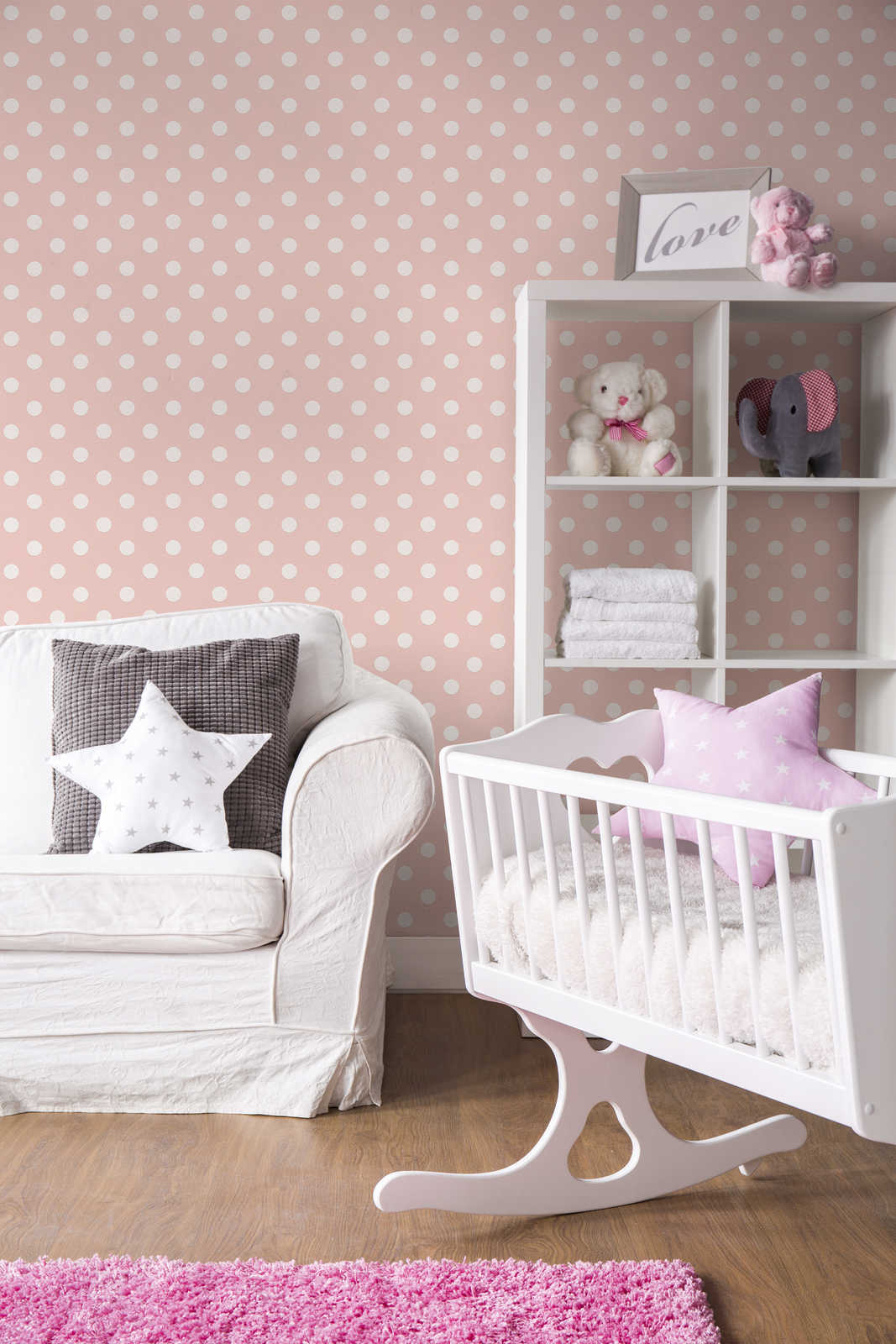             Pink dots wallpaper, polka dots for girls room - pink, white
        