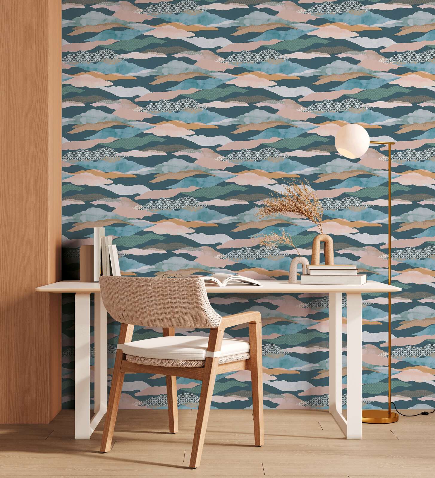             Non-woven wallpaper with abstract wave and cloud pattern - blue, green, pink
        