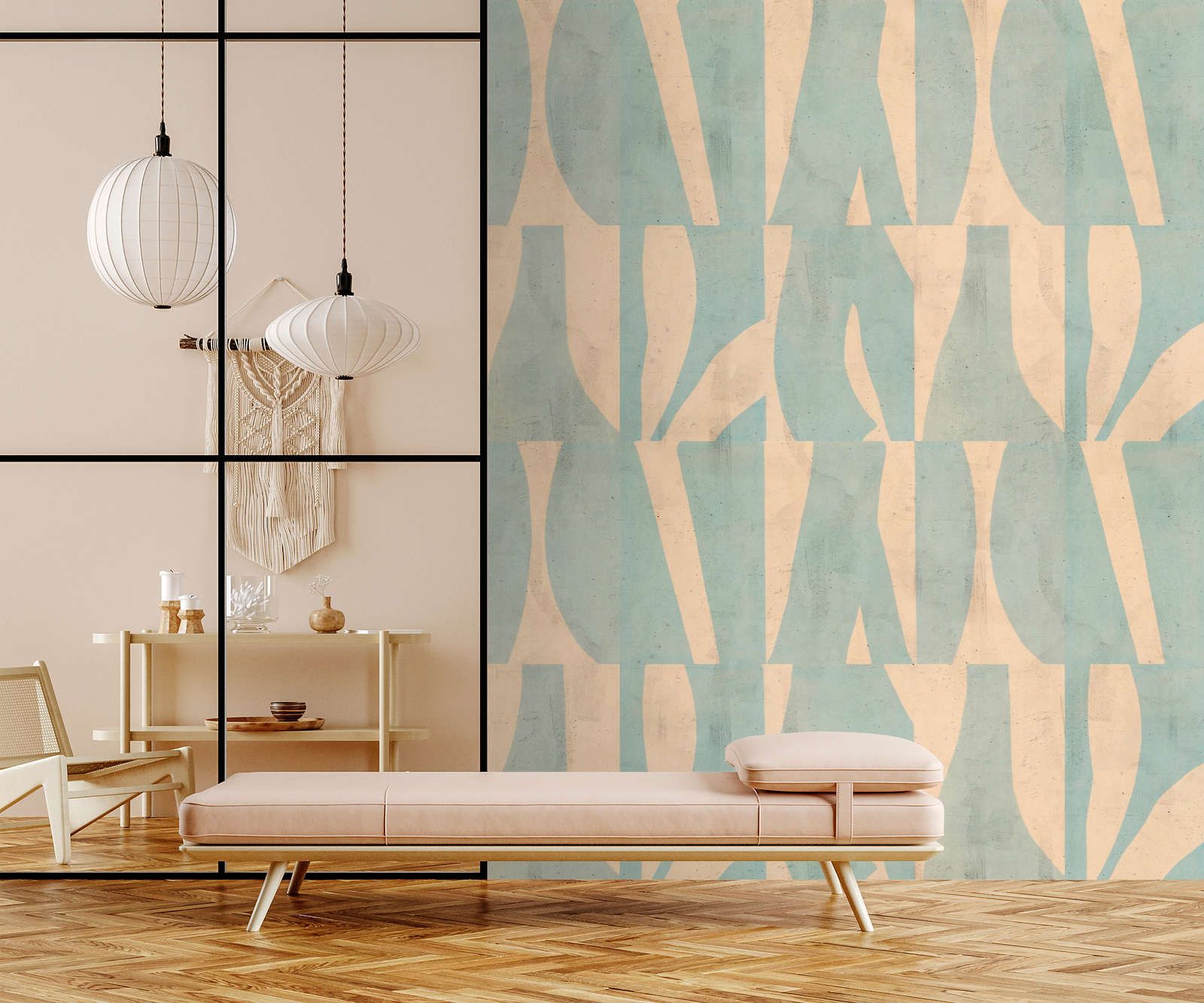             Photo wallpaper »laila« - Graphic pattern on concrete plaster texture - Beige, mint green | Light textured non-woven
        