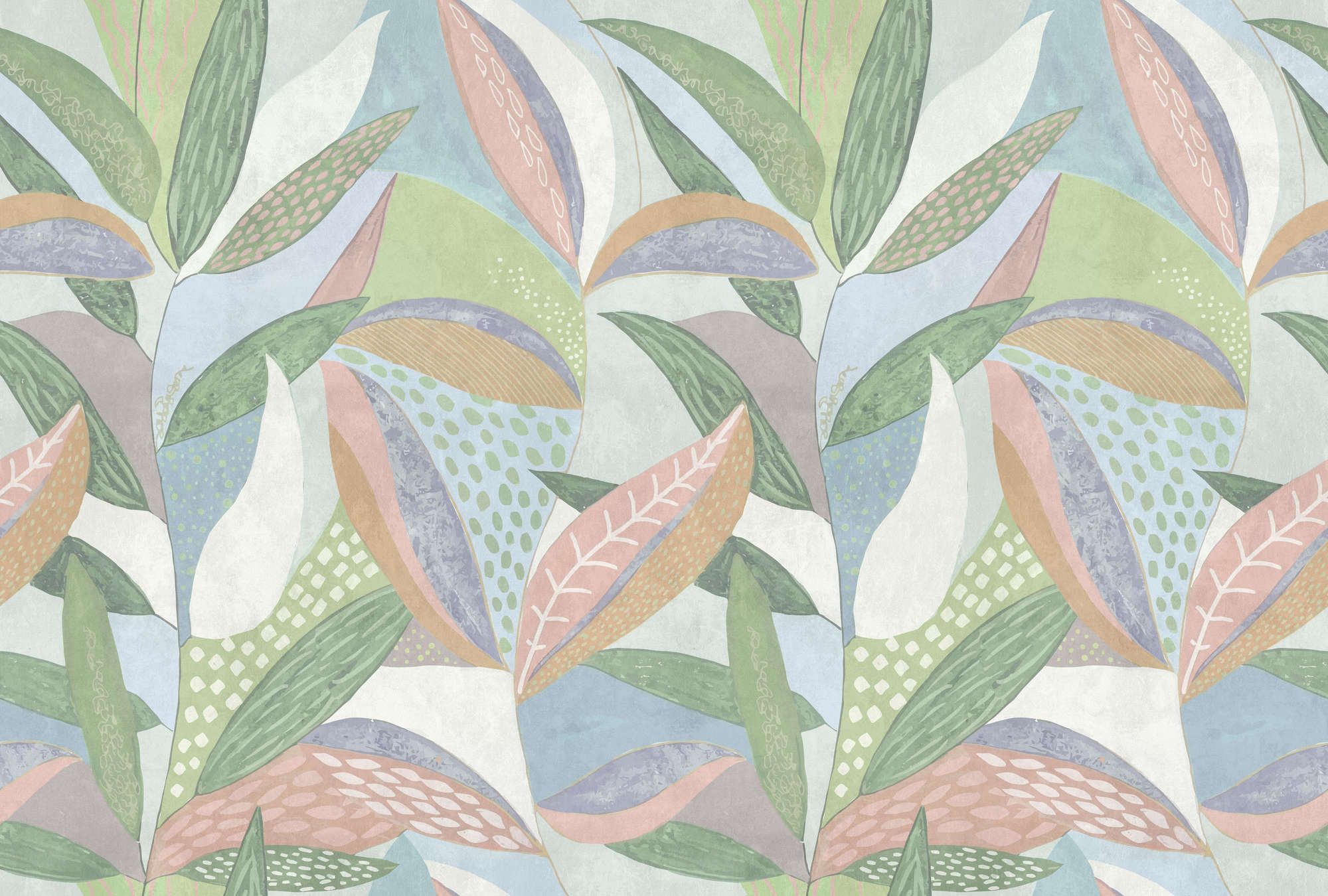             Fotomural »emilia« - Coloreado estampado de hojas en tonos pastel delante de una textura de yeso de hormigón - verde, azul, rosa | Tela no tejida de textura ligera
        