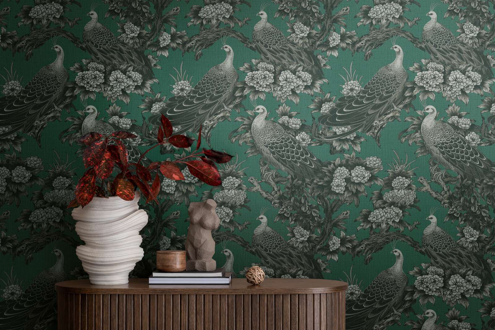             Papel pintado no tejido con motivos florales y pájaros en estilo rústico inglés - gris, verde, negro
        