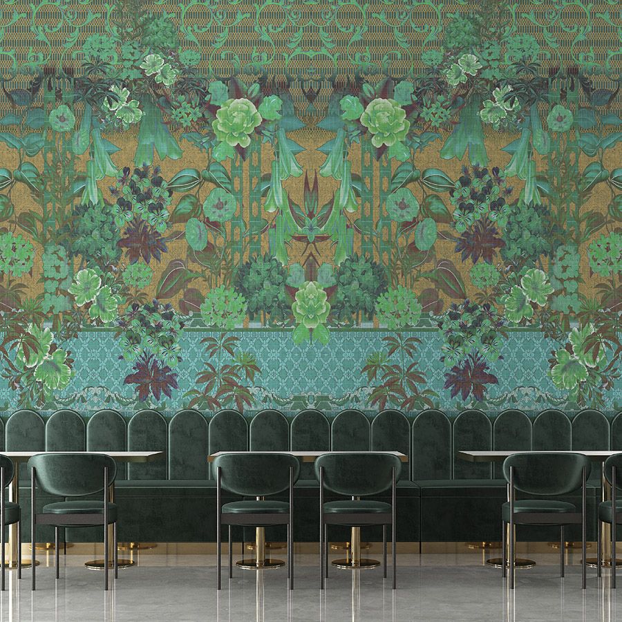 Fotomural »sati 2« - Diseño floral y ornamentos con aspecto de estructura de lino - Verde | Material sin tejer ligeramente texturado
