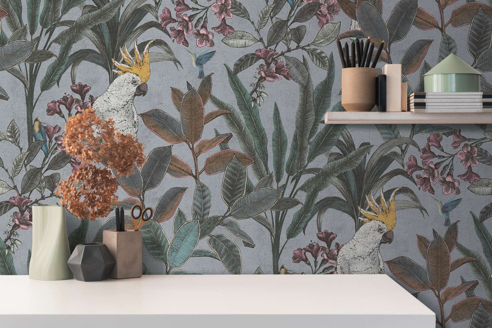             Non-woven wallpaper jungle with cockatoo in vintage look - grey, blue, green
        