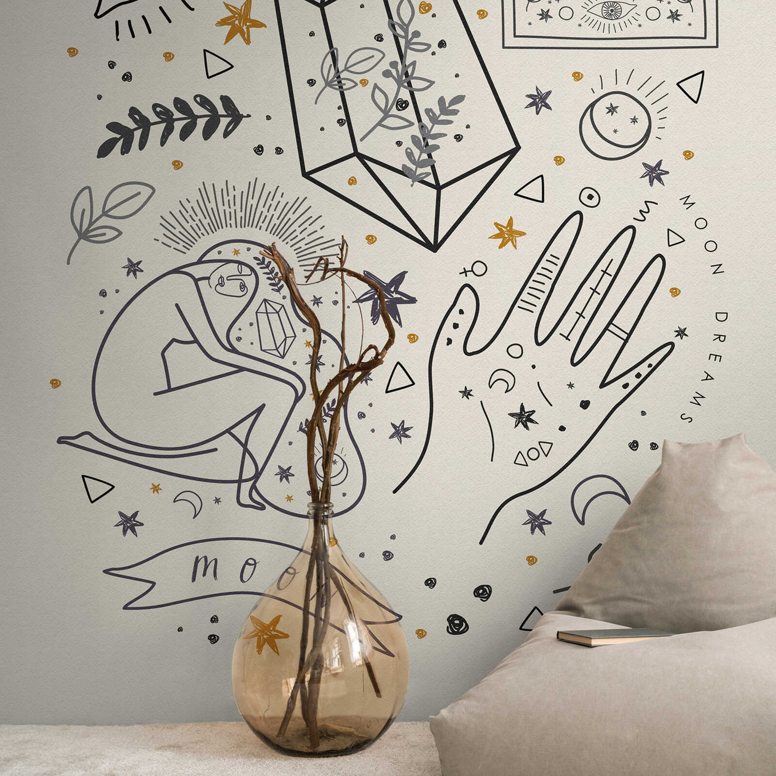             Artistic non-woven wallpaper with creative illustrations and large-scale pattern repetition - cream, black, grey
        