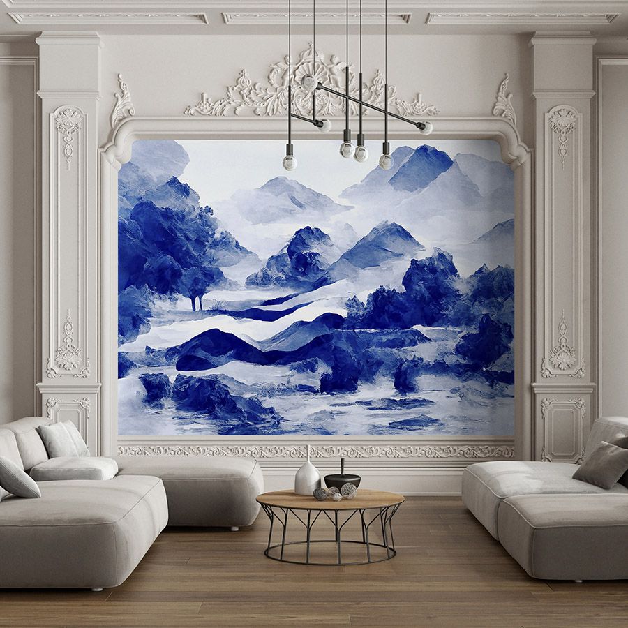 Fotomurali »tinterra 3« - Paesaggio con montagne e nebbia - Blu | Materiali non tessuto leggero

