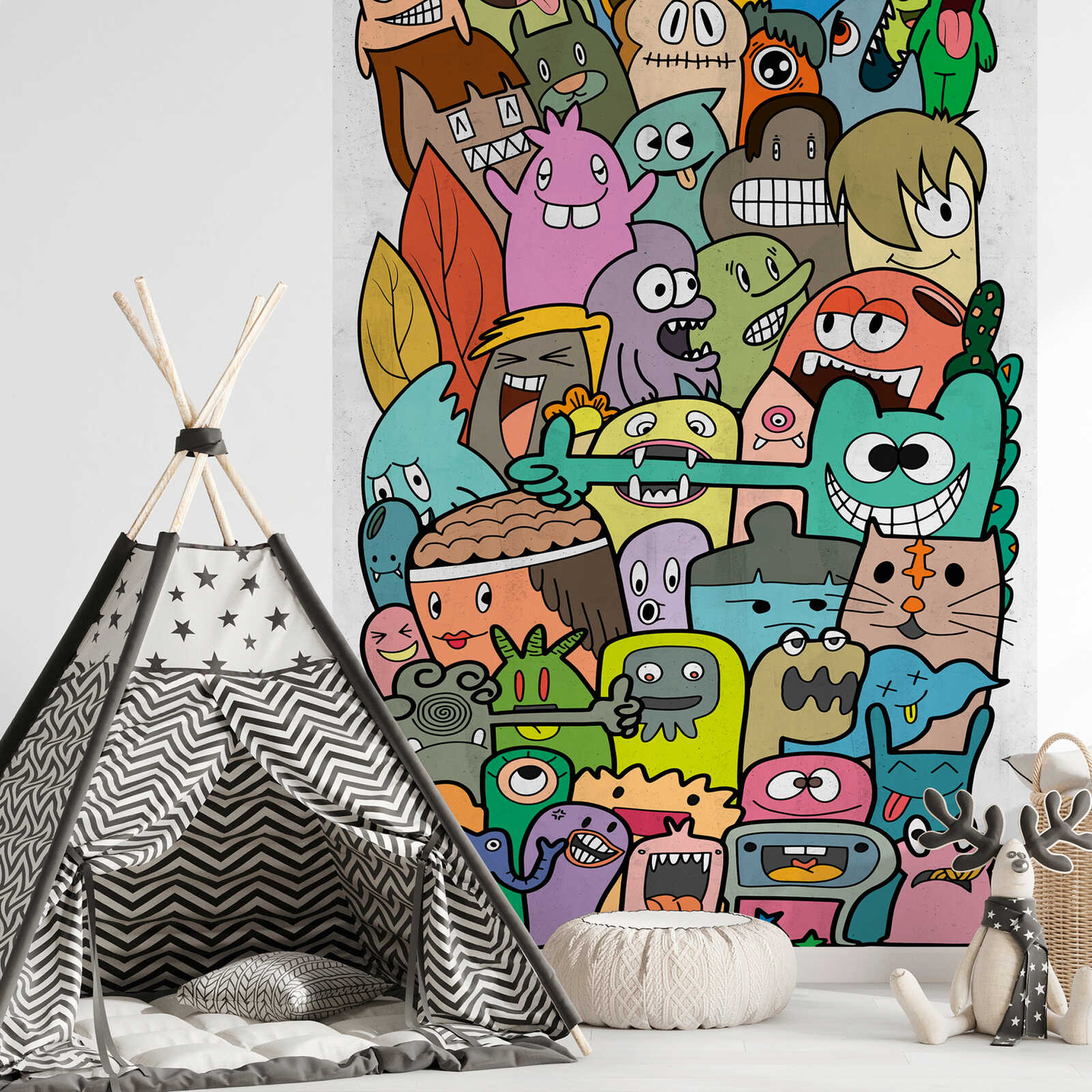 Non-woven wallpaper for children's rooms with cheerful monster figures and a large-scale pattern repetition - colourful, green, pink
