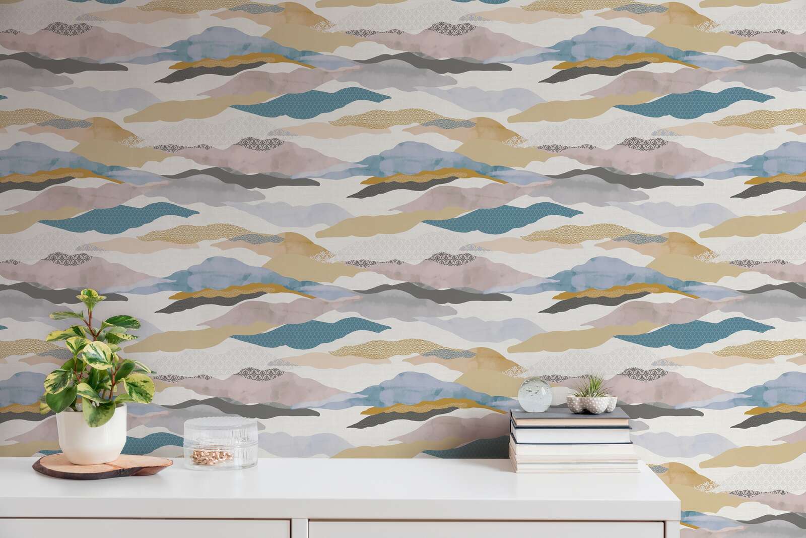             Non-woven wallpaper with graphic wave and cloud pattern - blue, pink, beige
        