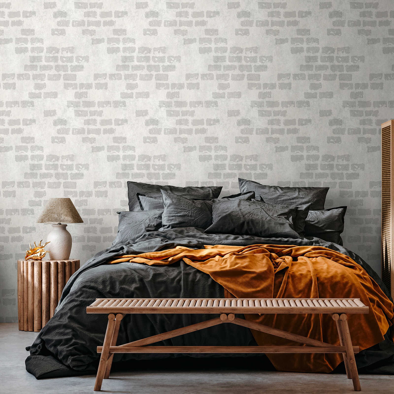             Carta da parati non tessuta Urban stone wall con effetto mattone e ripetizione di motivi su larga scala - grigio, beige
        