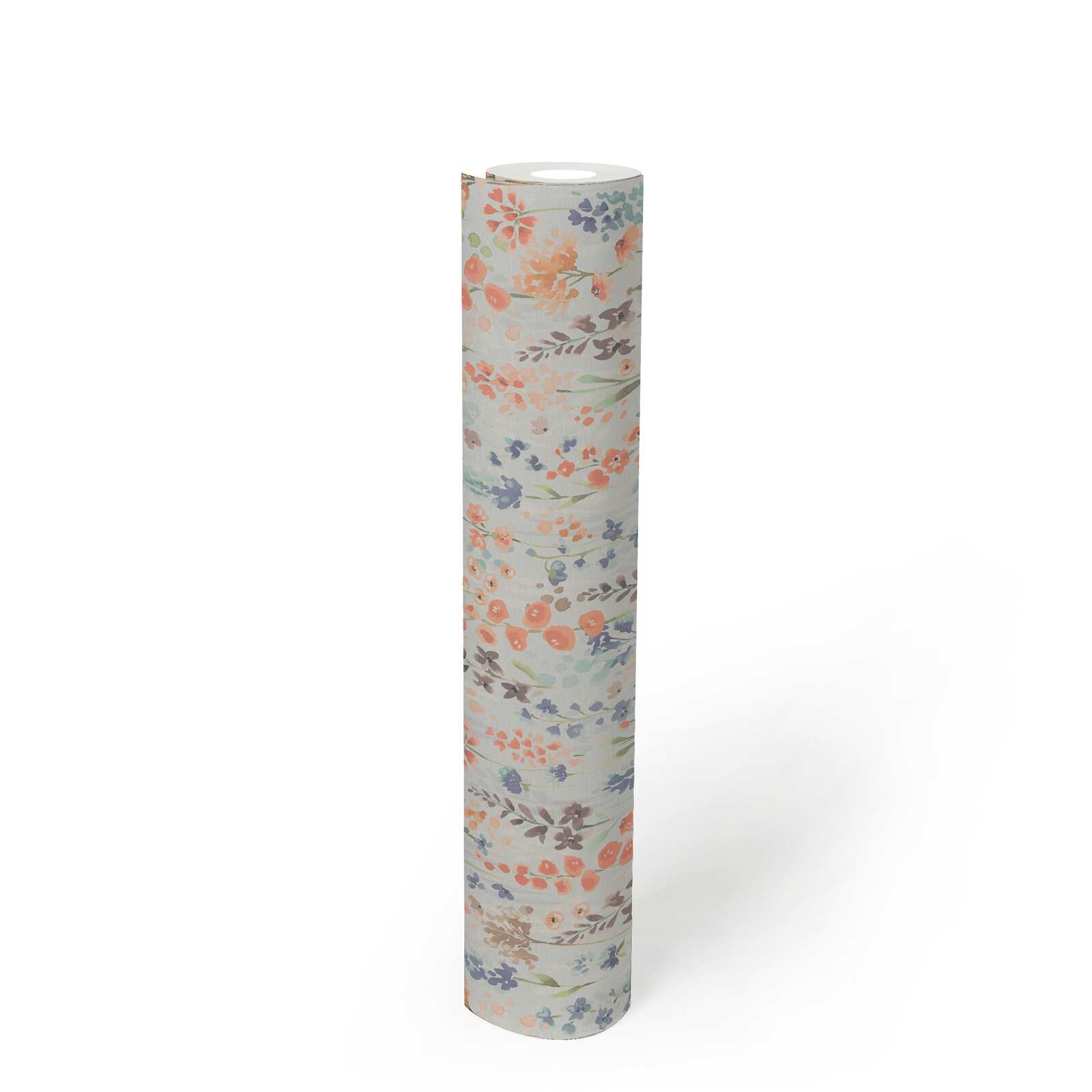             Colourful flower meadow wallpaper in watercolour look - colourful, light grey, orange
        