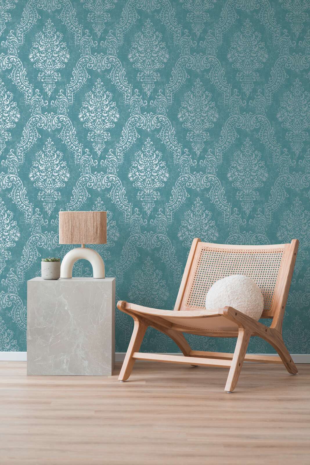             Non-woven wallpaper with ornaments and a shiny metallic effect - blue, turquoise
        