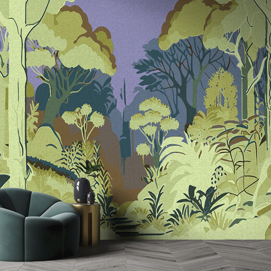 papier peint en papier panoramique »runa« - motif abstrait de jungle avec structure en papier kraft - intissé lisse aux reflets légèrement nacrés
