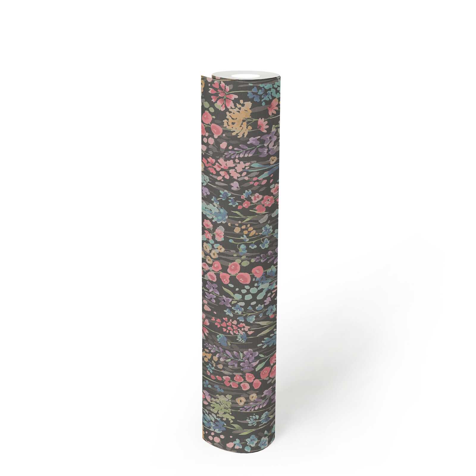             Non-woven wallpaper colourful flower meadow in watercolour look - colourful, black, pink
        