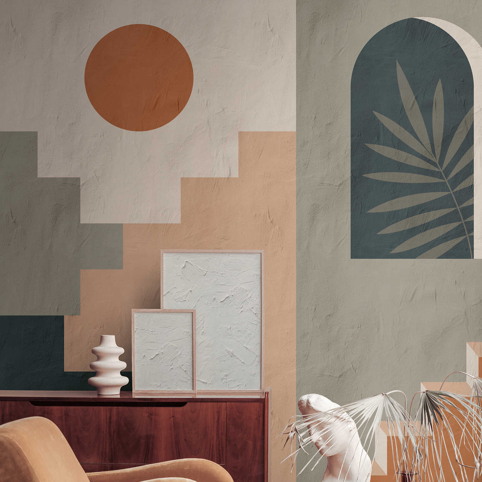         Mediterranean photo wallpaper with abstract architecture in warm earth tones as non-woven wallpaper - green, blue, orange
    
