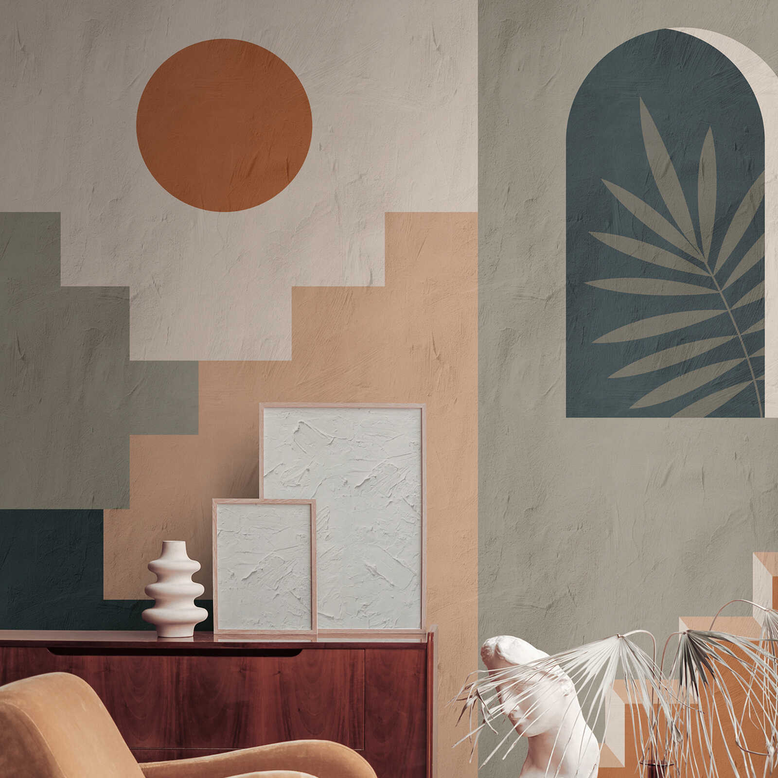             Mediterranean photo wallpaper with abstract architecture in warm earth tones as non-woven wallpaper - green, blue, orange
        