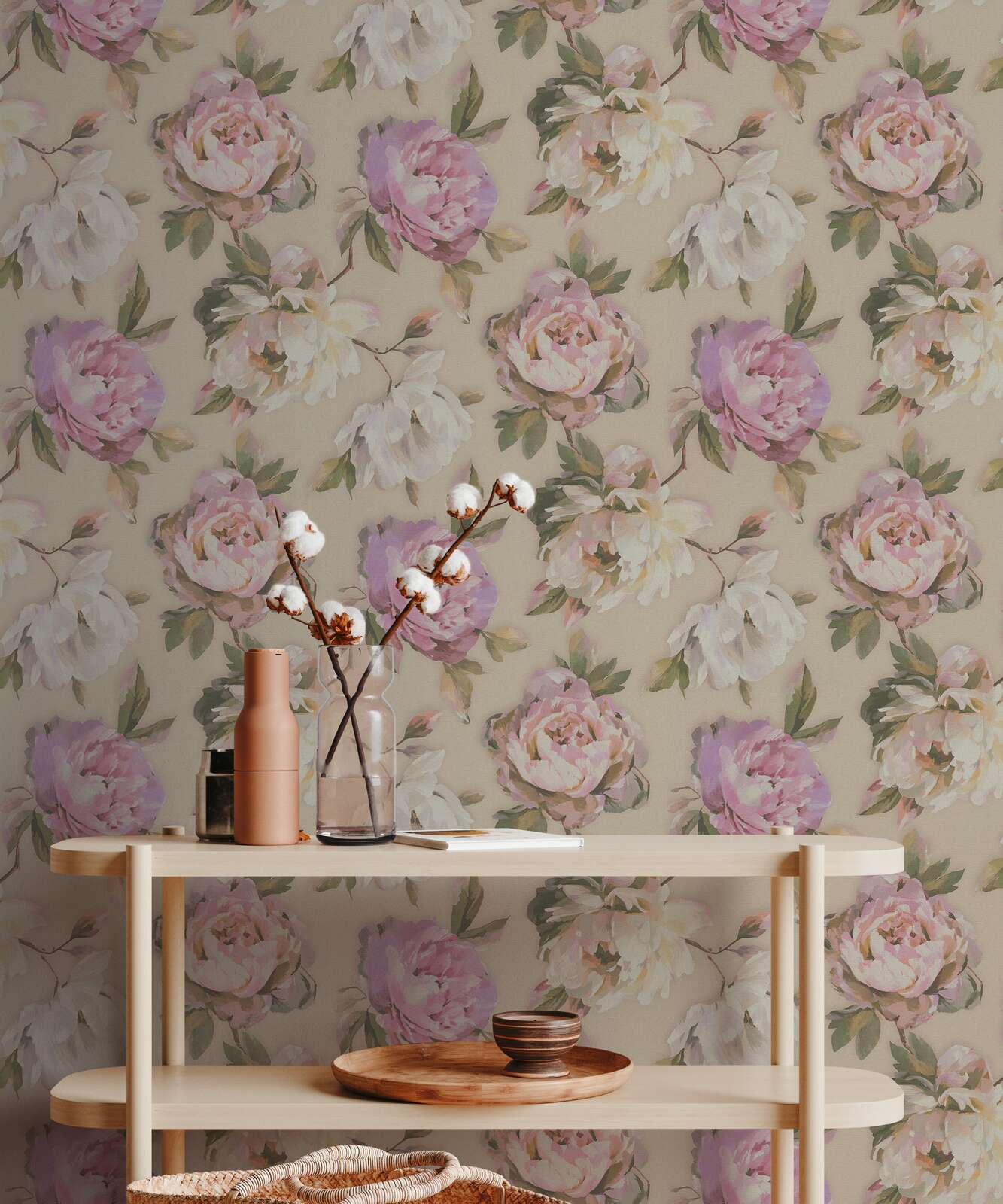             Non-woven wallpaper with picturesque rose petals in a watercolour look - violet, pink, green
        