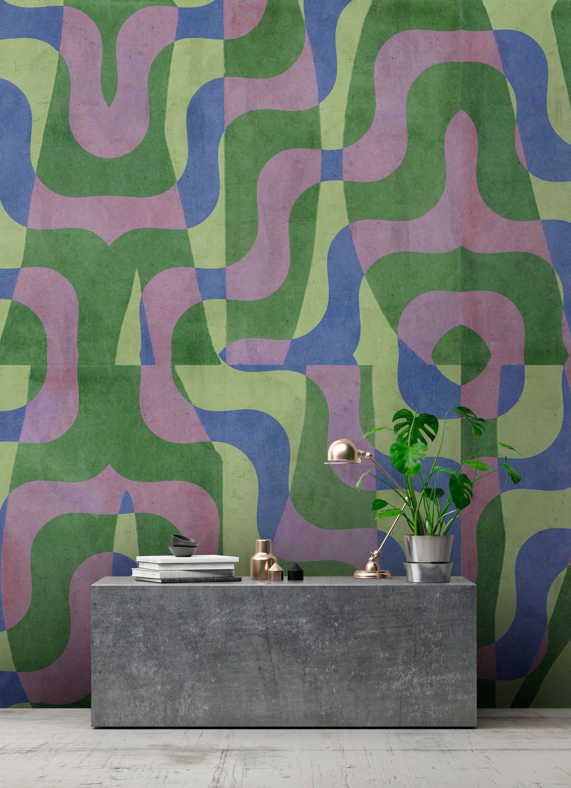             papier peint en papier panoramique »viola« - motif abstrait rétro sur fond d'enduit béton - vert, bleu, violet | Intissé mat et lisse
        