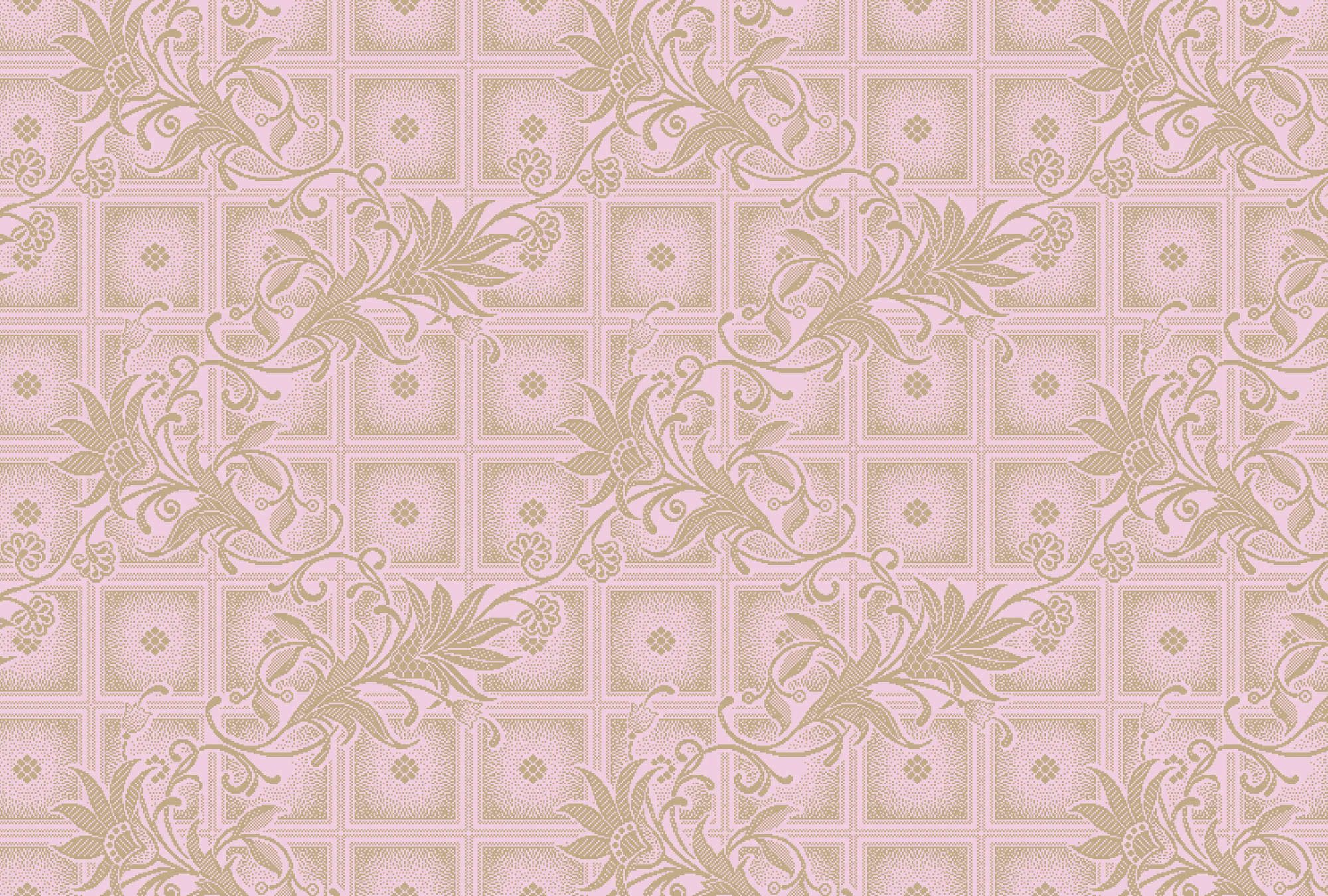             Photo wallpaper »vivian« - Pixel style squares with flowers - Pink | Smooth, slightly pearly shimmering non-woven fabric
        