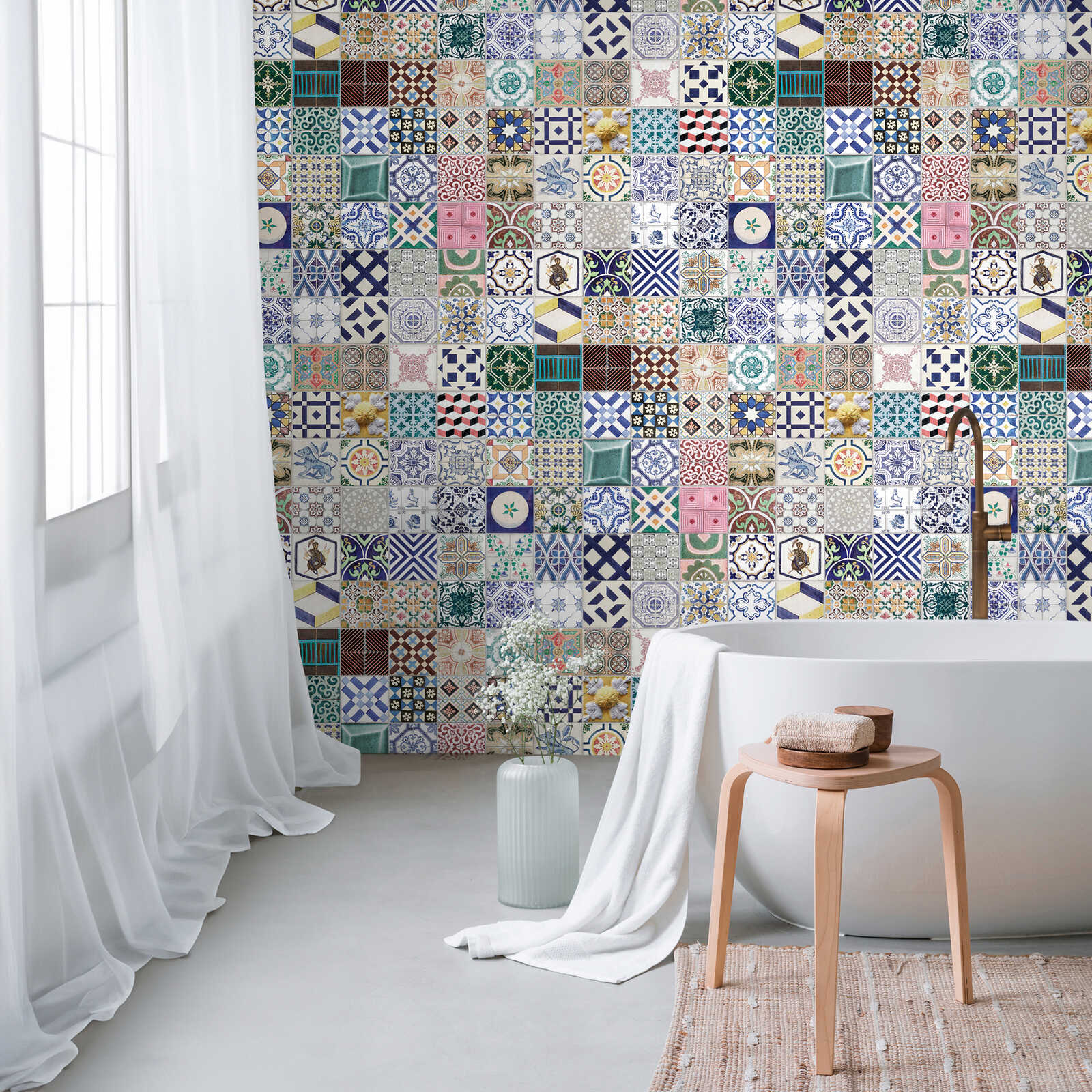 Colourful mosaic tile non-woven wallpaper and a large pattern repetition - colourful, blue, green
