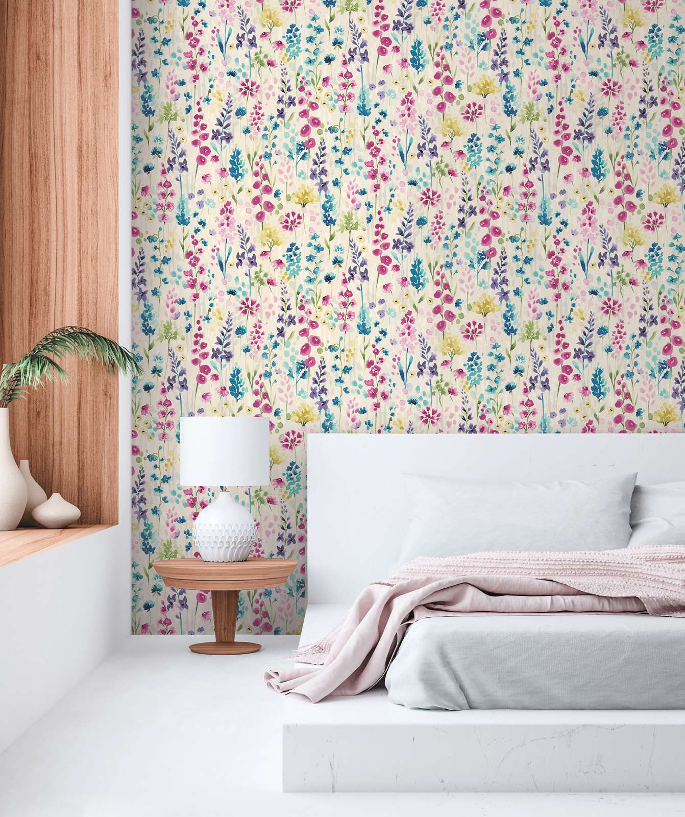             Colourful flower meadow wallpaper in watercolour design - colourful, white, pink
        