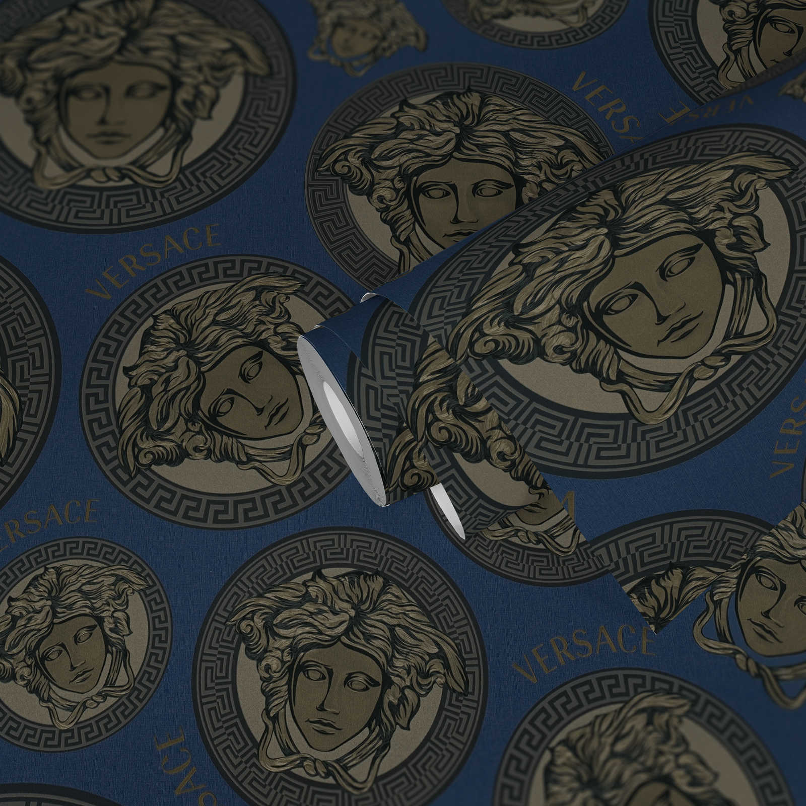             VERSACE wallpaper navy blue with Medusa design - blue, metallic
        