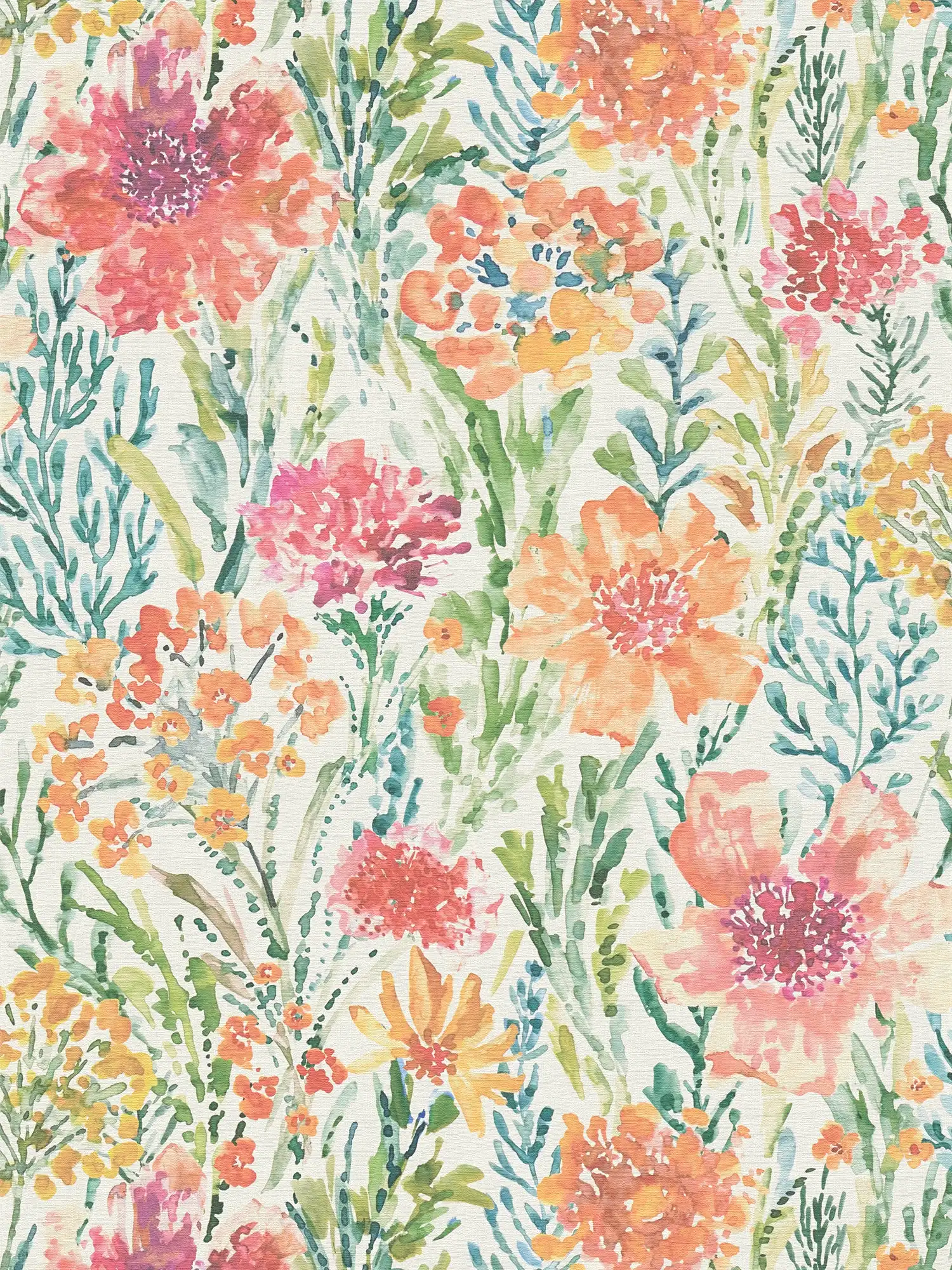         Non-woven wallpaper flower meadow in watercolour look - colourful, white, red
    