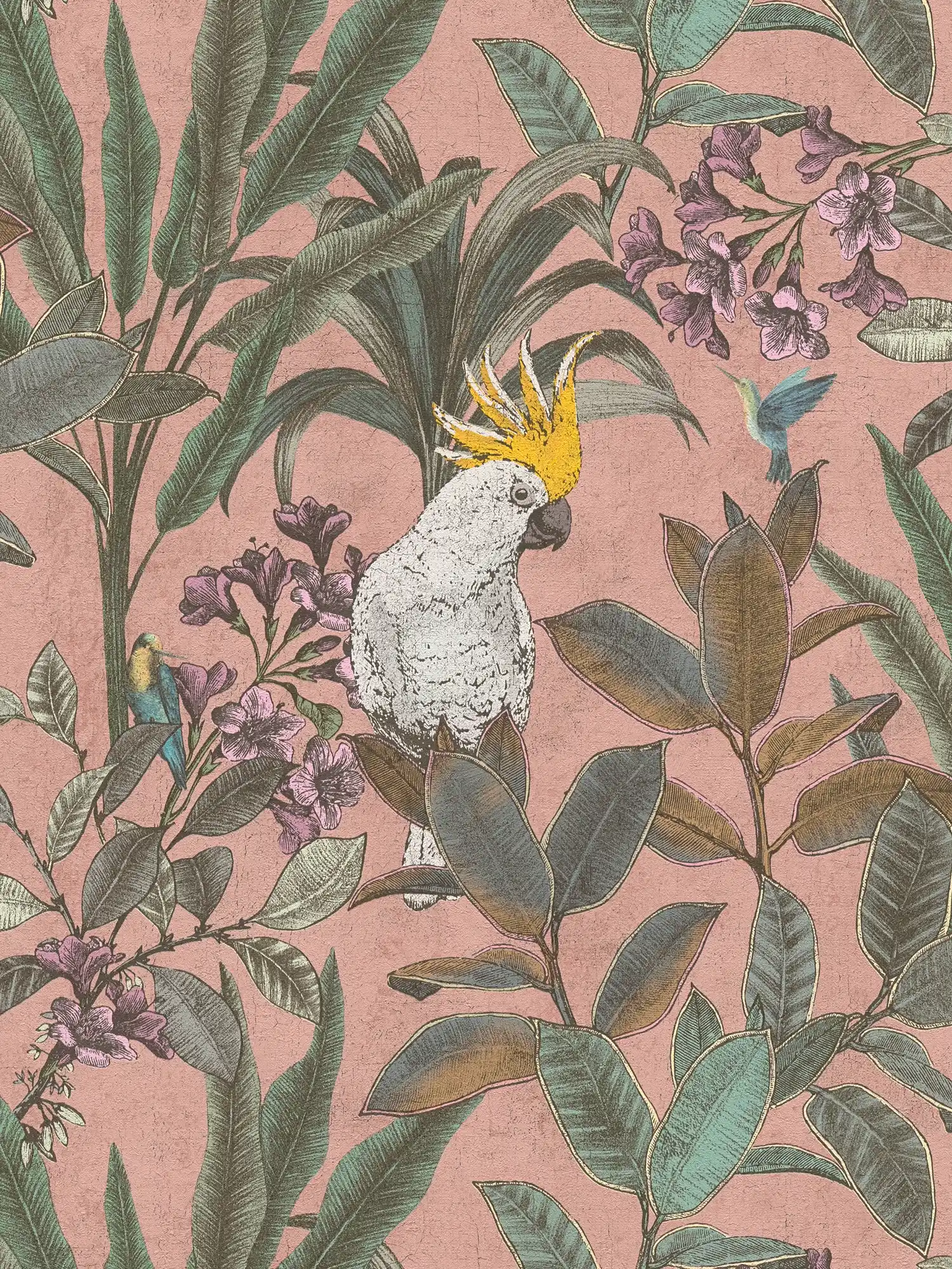             Non-woven wallpaper jungle with cockatoo in vintage look - pink, green, purple
        