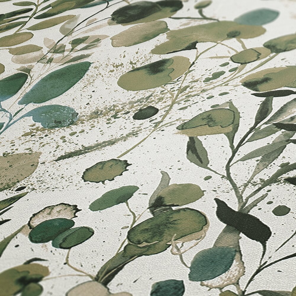             Papel pintado no tejido con motivos de hojas y toques de color: verde, azul y blanco.
        
