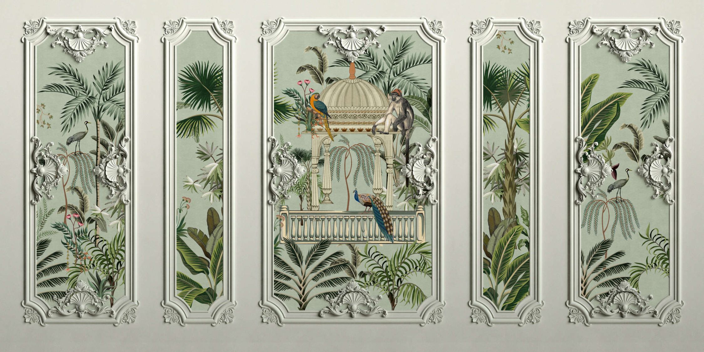             Fotomural »darjeeling« - Efecto de marco de estuco con pájaros y palmeras con textura de lino en el fondo - Tela no tejida de alta calidad, lisa y ligeramente brillante
        