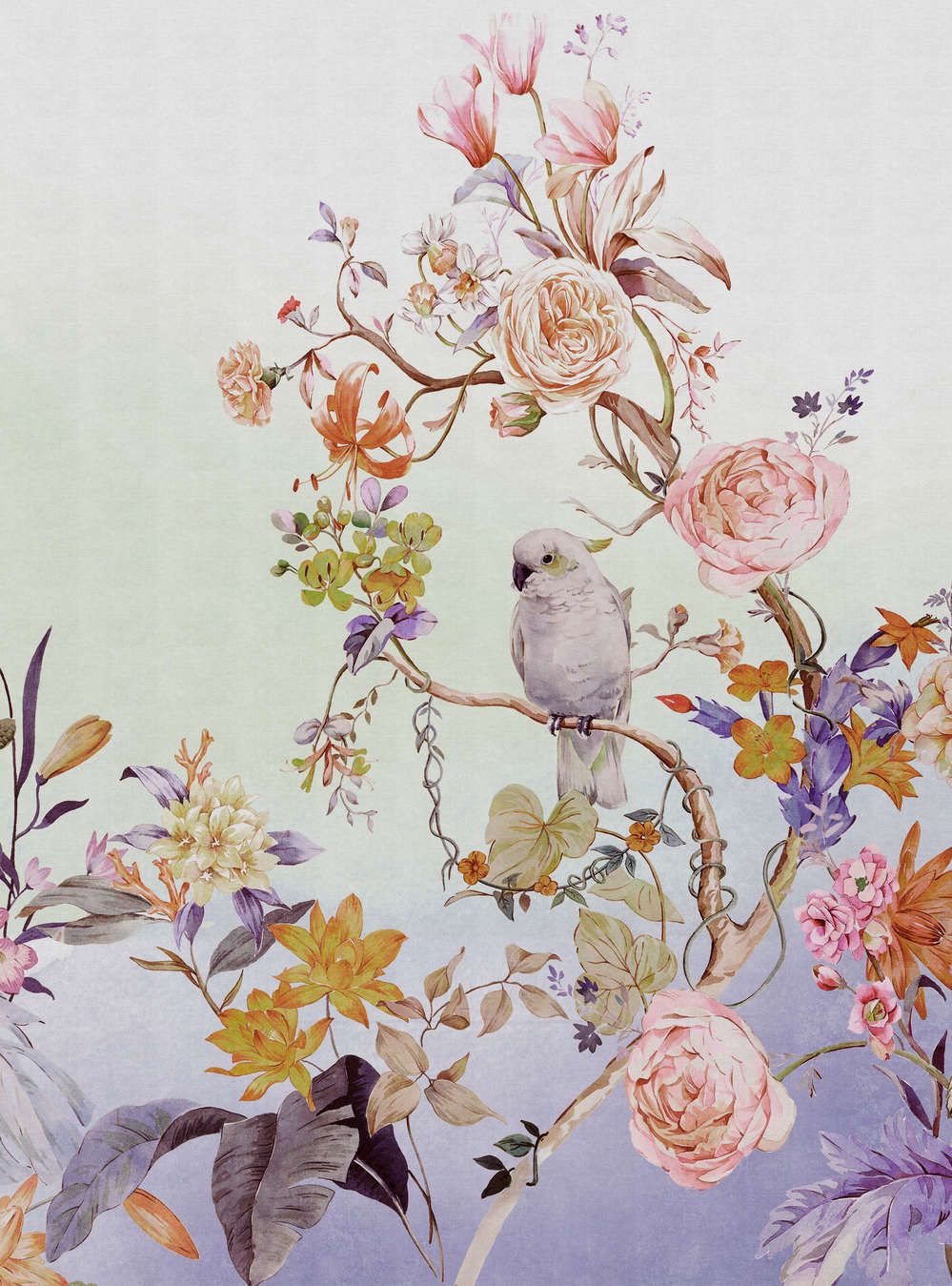             Fotomural »paradise« - Pájaro y flores con degradado de colores y textura de lino en el fondo - Coloreado | Tela no tejida de textura ligera
        