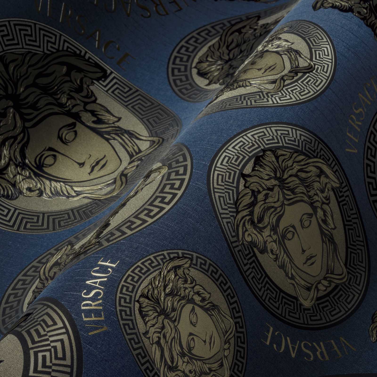             VERSACE wallpaper navy blue with Medusa design - blue, metallic
        