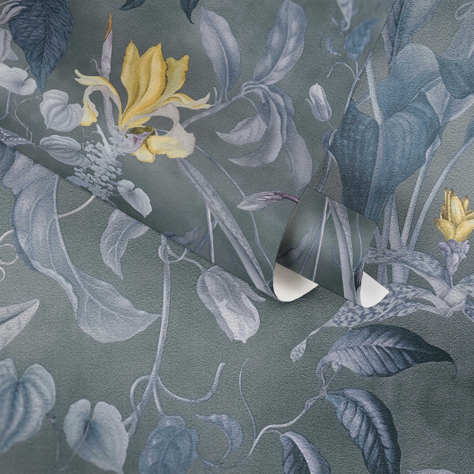             Tropical floral wallpaper grey-blue, Design by MICHALSKY
        