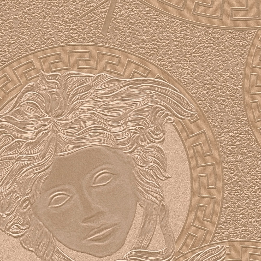             Copper metallic wallpaper VERSACE with Medusa pattern
        