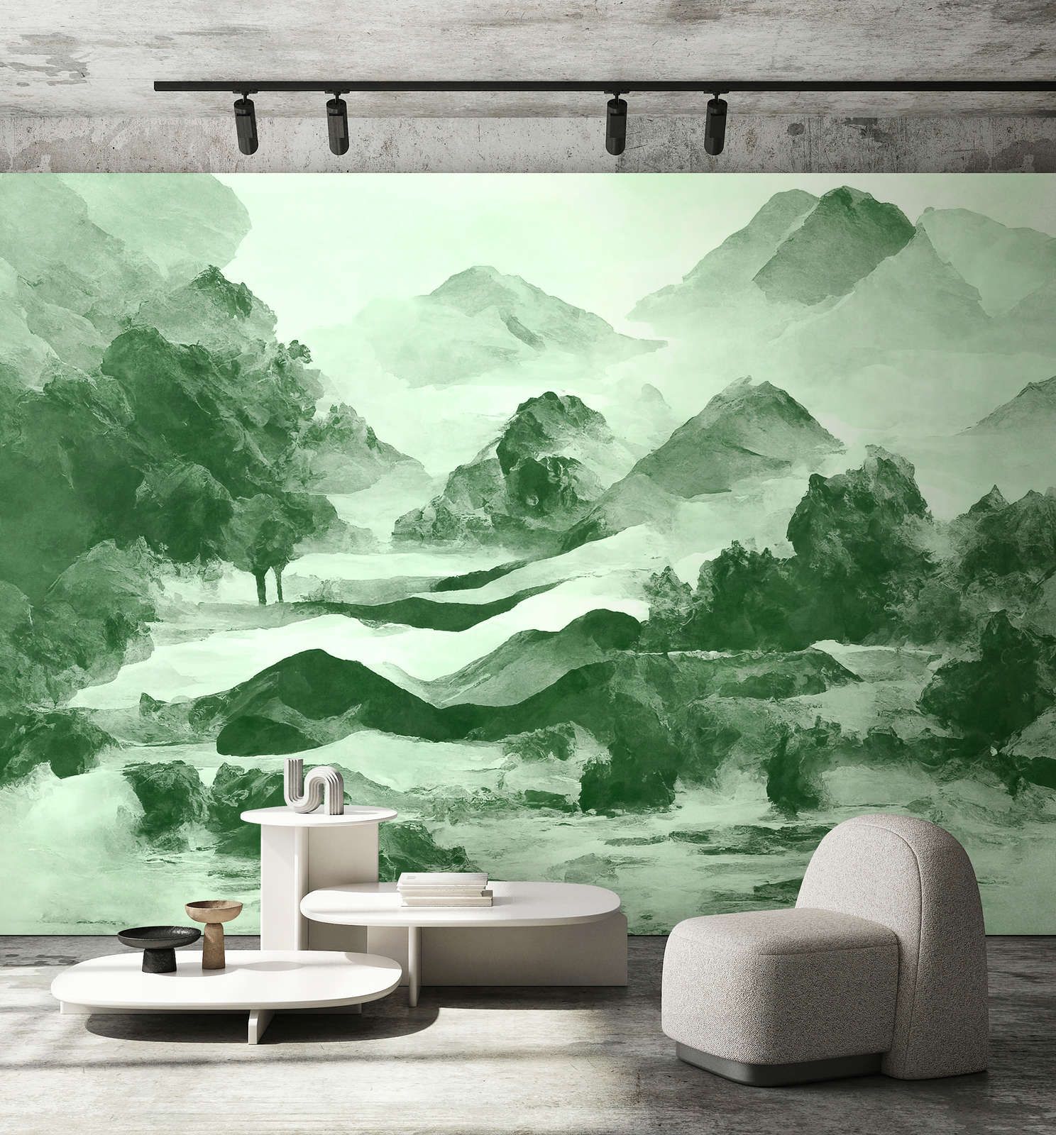             papier peint en papier panoramique »tinterra 2« - Paysage avec montagnes & brouillard - Vert | Intissé lisse, légèrement nacré
        