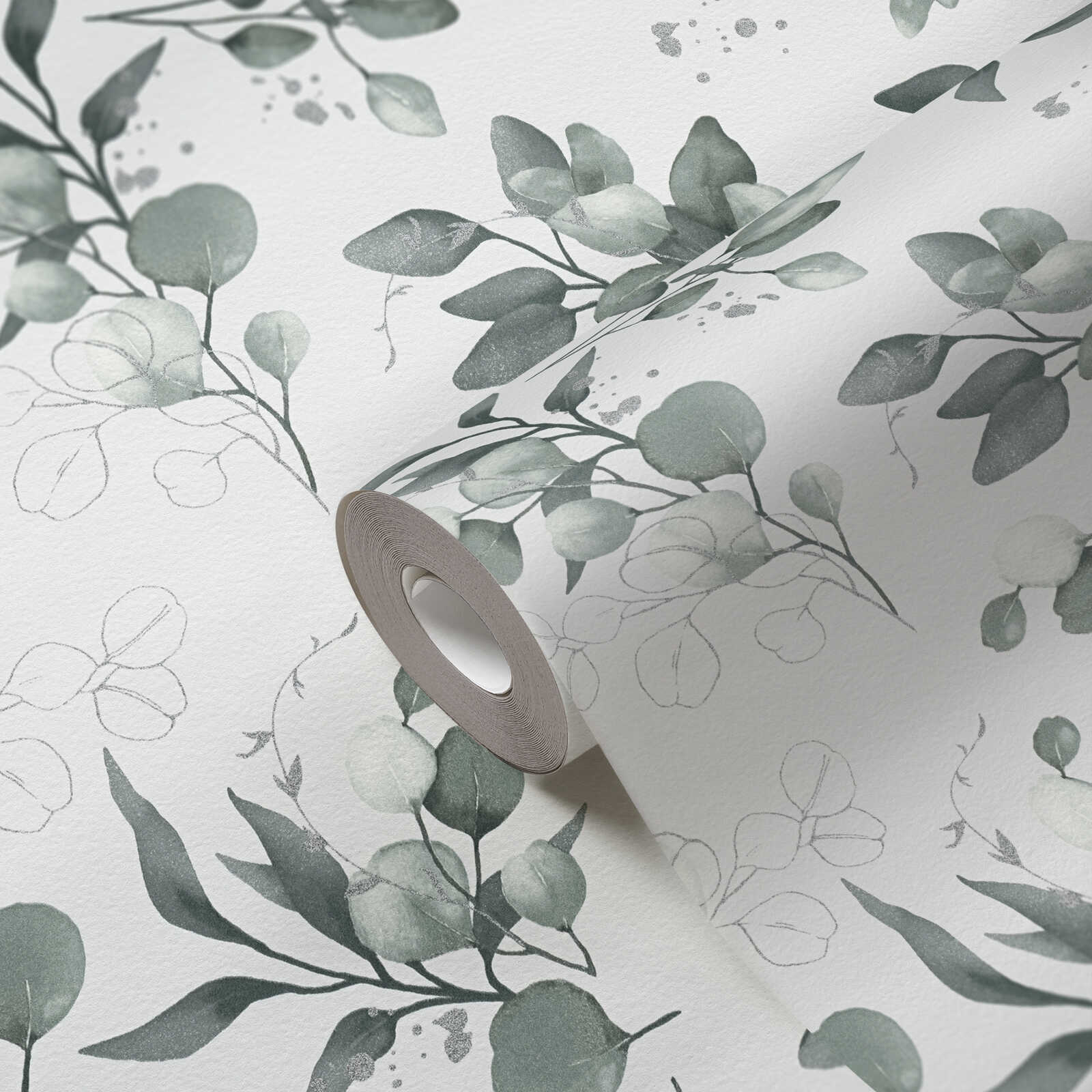             Smooth non-woven wallpaper with an elegant floral motif - white, green, silver
        