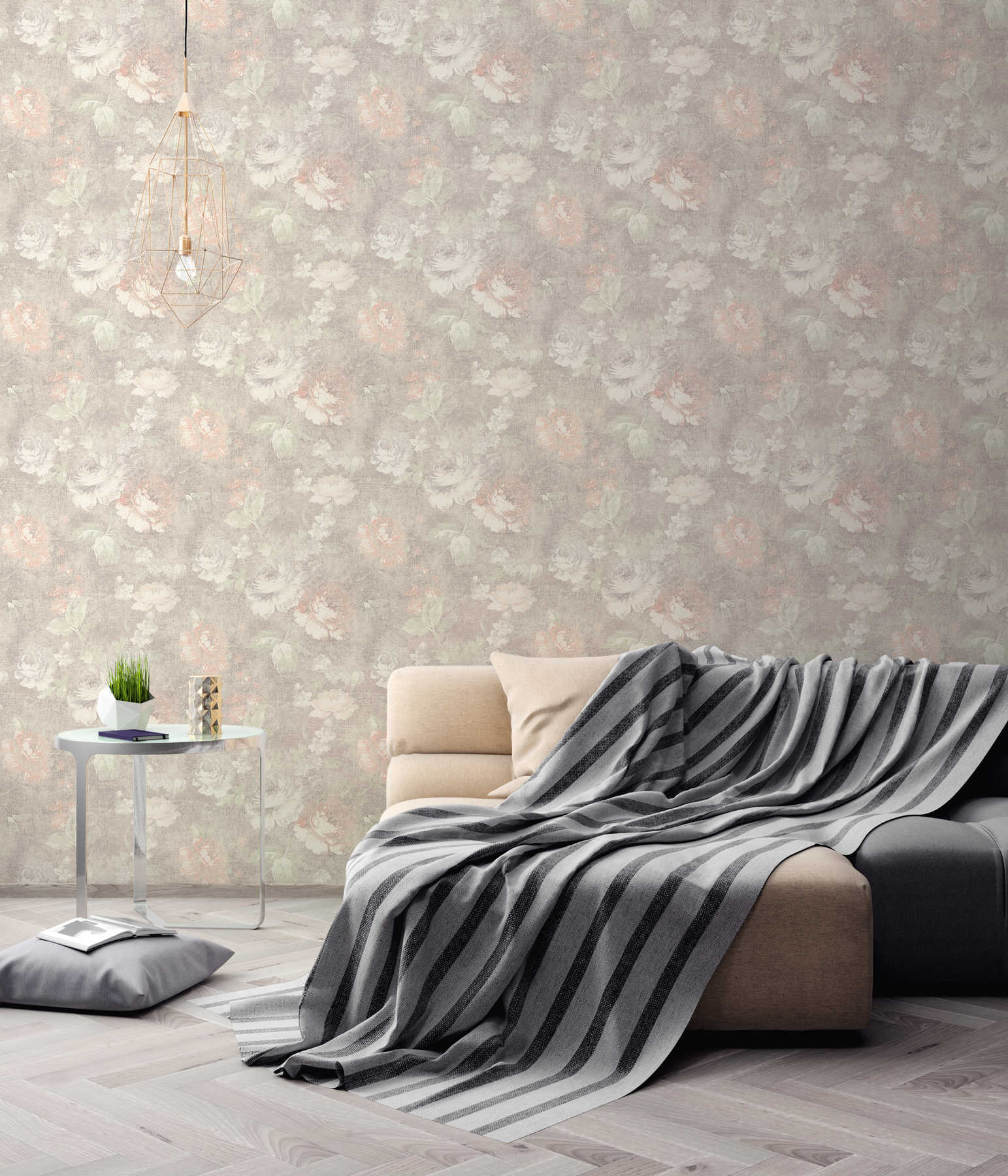             Nature flowers wallpaper vintage & linen look - brown, cream, red
        