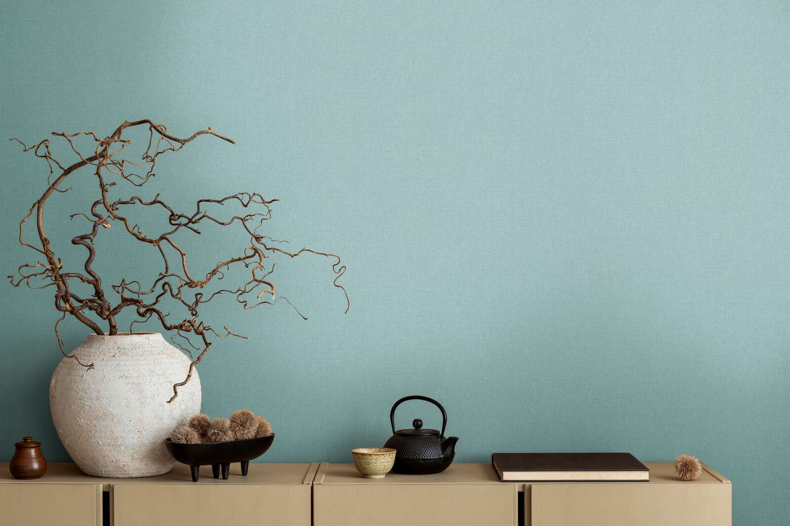             Single-coloured non-woven wallpaper with a light textile look - Blue
        