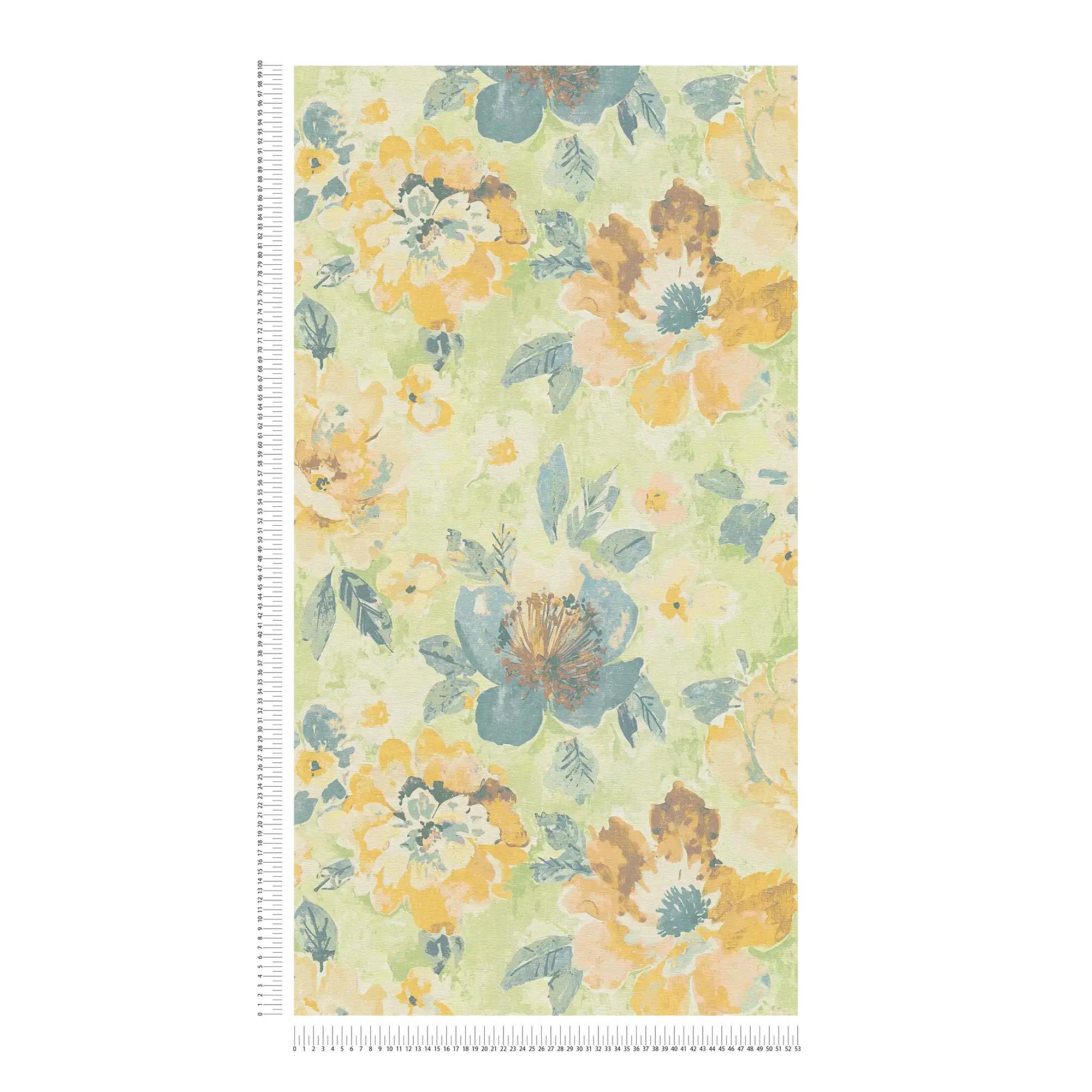             Non-woven floral wallpaper in watercolour and vintage design - colourful, green, yellow
        